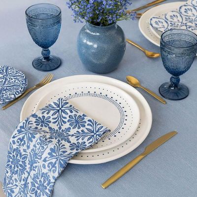 Prato Raso de Cerâmica Porto Brasil 27,5cm Stoneware Branco e Azul Bio Astral Louça Artesanal