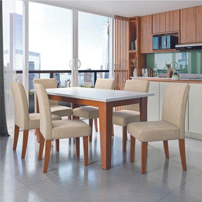 Conjunto Sala De Jantar Mesa Miami 1,60m 6 Cadeiras Trieste Dobuê Madeirado / Bege