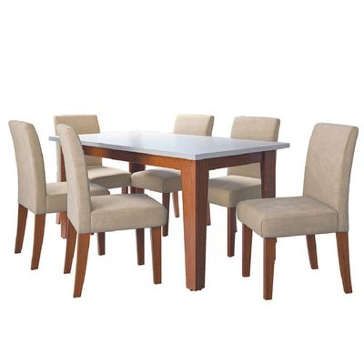 Conjunto Sala De Jantar Mesa Miami 1,60m 6 Cadeiras Trieste Dobuê Madeirado / Bege