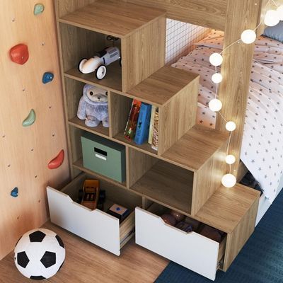 Cama Beliche Infantil Bicama 2,32m Escada Nichos Gavetas Aveiro Oak com Branco