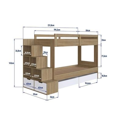 Cama Beliche Infantil Bicama 2,32m Escada Nichos Gavetas Aveiro Oak com Branco