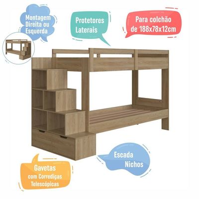 Cama Beliche Infantil Bicama Menino Menina 2,32m Com Escada, Nichos E Gavetas Aveiro Oak