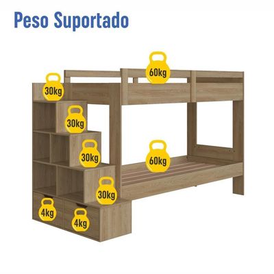 Cama Beliche Infantil Bicama Menino Menina 2,32m Com Escada, Nichos E Gavetas Aveiro Oak