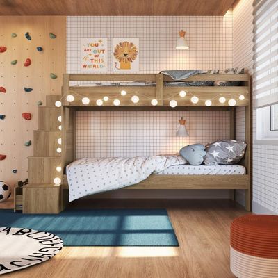 Cama Beliche Infantil Bicama Menino Menina 2,32m Com Escada, Nichos E Gavetas Aveiro Oak