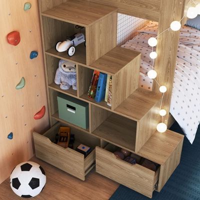 Cama Beliche Infantil Bicama Menino Menina 2,32m Com Escada, Nichos E Gavetas Aveiro Oak