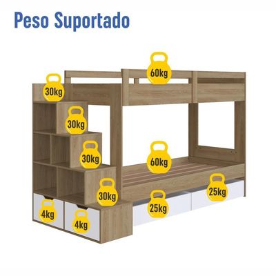 Cama Beliche Infantil Bicama 2,32m Escada Nichos Gavetas Aveiro com Branco