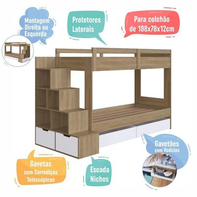 Cama Beliche Infantil Bicama 2,32m Escada Nichos Gavetas Aveiro com Branco