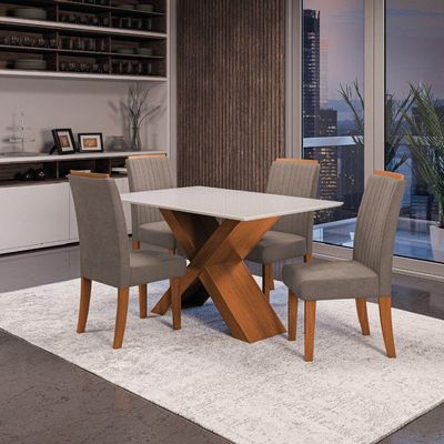 Conjunto Mesa de Jantar 1,36m Grécia com Tampo de Vidro 4 Cadeiras Creta - Dobuê - Madeirado/Mascavo