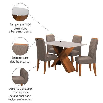 Conjunto Mesa de Jantar 1,36m Grécia com Tampo de Vidro 4 Cadeiras Creta - Dobuê - Madeirado/Mascavo
