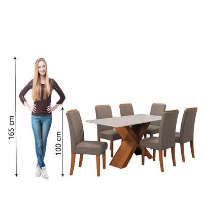 Conjunto De Mesa Sala De Jantar Tampo Com Vidro 1,60m 6 Cadeiras Grécia Dobuê Madeirado/mascavo