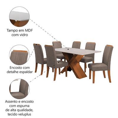 Conjunto De Mesa Sala De Jantar Tampo Com Vidro 1,60m 6 Cadeiras Grécia Dobuê Madeirado/mascavo