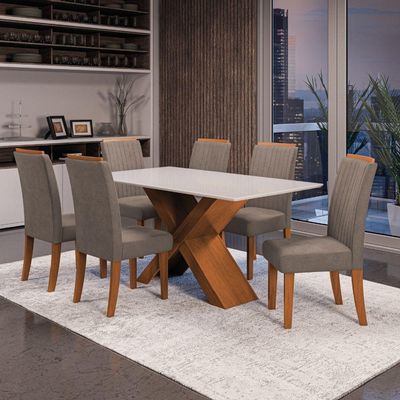 Conjunto De Mesa Sala De Jantar Tampo Com Vidro 1,60m 6 Cadeiras Grécia Dobuê Madeirado/mascavo