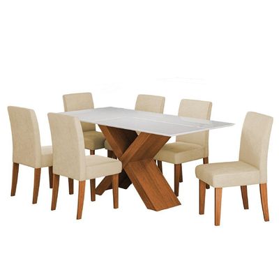 Conjunto De Mesa Sala De Jantar Tampo Com Vidro 1,80m Grécia 6 Cadeiras Dobuê Madeirado / Bege