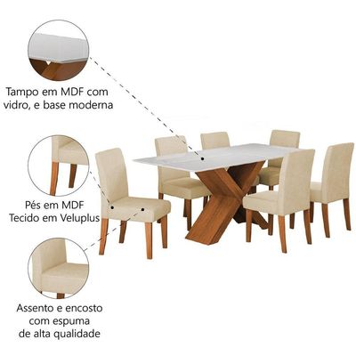 Conjunto De Mesa Sala De Jantar Tampo Com Vidro 1,80m Grécia 6 Cadeiras Dobuê Madeirado / Bege