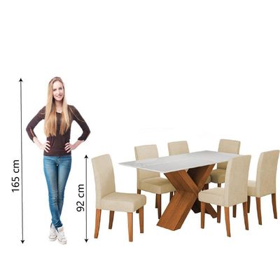 Conjunto De Mesa Sala De Jantar Tampo Com Vidro 1,80m Grécia 6 Cadeiras Dobuê Madeirado / Bege