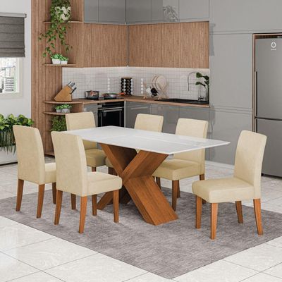 Conjunto De Mesa Sala De Jantar Tampo Com Vidro 1,80m Grécia 6 Cadeiras Dobuê Madeirado / Bege