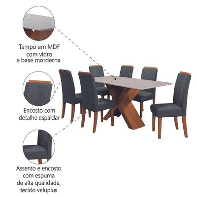 Conjunto de Mesa de Jantar com Tampo de Vidro 1,80m e 6 Cadeiras Grécia Dobuê – Madeirado/Grafite