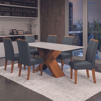 Conjunto de Mesa de Jantar com Tampo de Vidro 1,80m e 6 Cadeiras Grécia Dobuê – Madeirado/Grafite