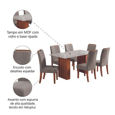 Conjunto De Mesa Sala De Jantar Ripada Tampo Com Vidro Santiago 1,60m 6 Cadeiras Grécia Dobuê Madeirado/mascavo