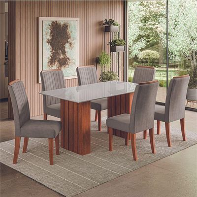 Conjunto De Mesa Sala De Jantar Ripada Tampo Com Vidro Santiago 1,60m 6 Cadeiras Grécia Dobuê Madeirado/mascavo