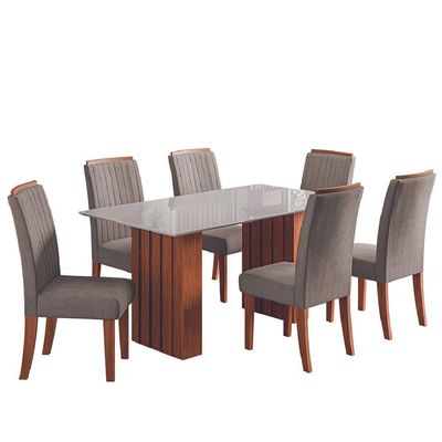 Conjunto De Mesa Sala De Jantar Ripada Tampo Com Vidro Santiago 1,60m 6 Cadeiras Grécia Dobuê Madeirado/mascavo