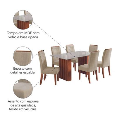 Conjunto De Mesa Sala De Jantar Ripada Tampo Com Vidro Santiago 1,80m 6 Cadeiras Grécia Dobuê Madeirado / Bege