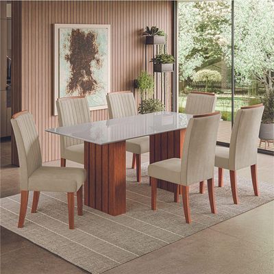 Conjunto De Mesa Sala De Jantar Ripada Tampo Com Vidro Santiago 1,80m 6 Cadeiras Grécia Dobuê Madeirado / Bege