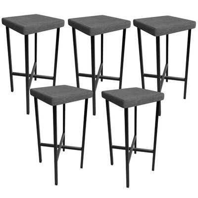 Kit 05 Banquetas Alta Bar Cozinha Sala De Jantar Preto Stella L02 Linho Cinza Escuro - Lyam Decor