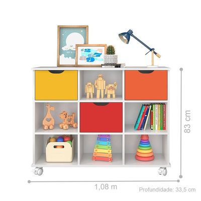 Estante Nicho Com Rodízios Branco Com 3 Gavetas Coloridas