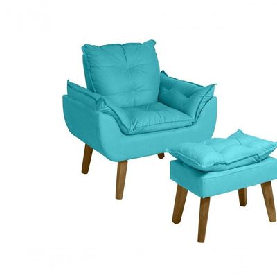 Kit 02 Poltrona/cadeira Decorativa E Puff Glamour Com Pés Quadrado Azul Turquesa