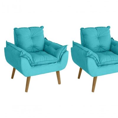 Kit 02 Poltrona/cadeira Decorativa E Puff Glamour Com Pés Quadrado Azul Turquesa