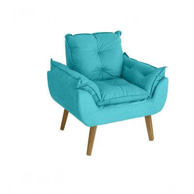 Kit 02 Poltrona/cadeira Decorativa E Puff Glamour Com Pés Quadrado Azul Turquesa