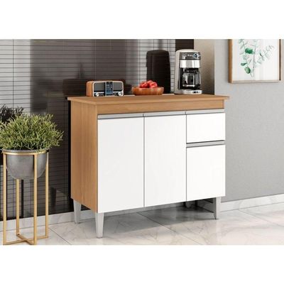 Balcão De Cozinha Tatiane 100cm 3 Portas 1 Gaveta Com Tampo Amêndoa/Branco