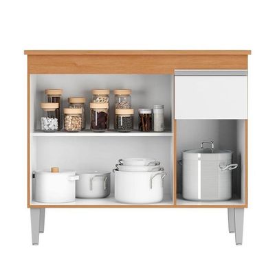 Balcão De Cozinha Tatiane 100cm 3 Portas 1 Gaveta Com Tampo Amêndoa/Branco