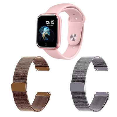Kit 1 Smartwatch T80 Rosa + 2 Pulseiras Rosê E Prata