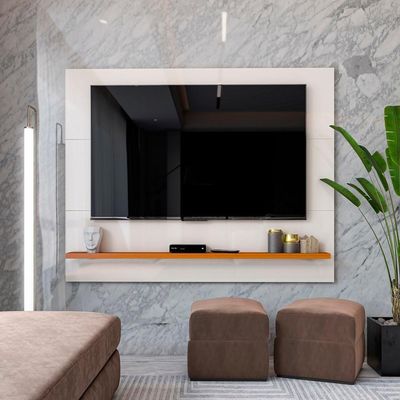 Painel Ripado Com Rack Tv 50 Polegadas 136cm Monaco - Off White E Cedro