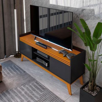 Rack Tv Ripado 50 Polegadas Com 2 Portas Monaco - Preto E Cedro