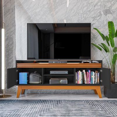 Rack Tv Ripado 50 Polegadas Com 2 Portas Monaco - Preto E Cedro