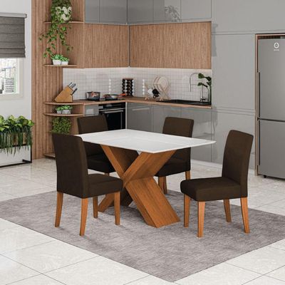 Conjunto De Mesa Sala De Jantar Tampo Com Vidro 1,36m Grécia 4 Cadeiras Trieste Dobuê Madeirado/chocolate