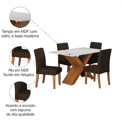 Conjunto De Mesa Sala De Jantar Tampo Com Vidro 1,36m Grécia 4 Cadeiras Trieste Dobuê Madeirado/chocolate