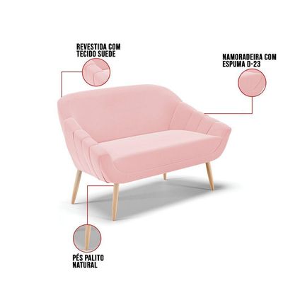 Namoradeira 02 Lugares Suede Rosa Bebê Pés Palito Natural