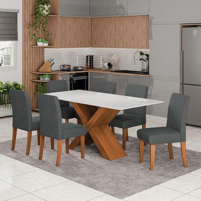 Conjunto De Mesa Sala De Jantar Tampo Com Vidro 1,80m Grécia 6 Cadeiras Trieste Dobuê Madeirado/grafite