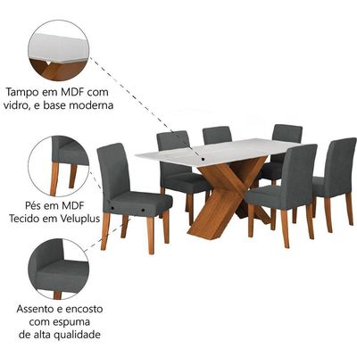 Conjunto De Mesa Sala De Jantar Tampo Com Vidro 1,80m Grécia 6 Cadeiras Trieste Dobuê Madeirado/grafite