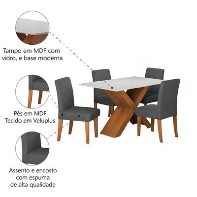 Conjunto De Mesa Sala De Jantar Tampo Com Vidro 1,36m Grécia 4 Cadeiras Trieste Dobuê Madeirado Grafite
