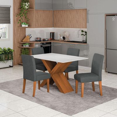 Conjunto De Mesa Sala De Jantar Tampo Com Vidro 1,36m Grécia 4 Cadeiras Trieste Dobuê Madeirado Grafite