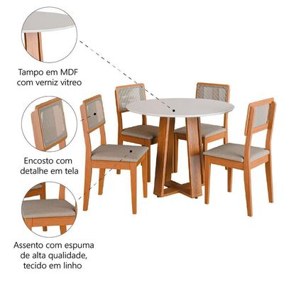 Conjunto Sala De Jantar Mesa Athenas Redonda 4 Cadeiras Santiago Dobuê Madeirado Off White