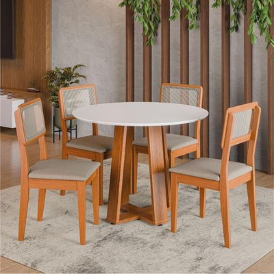 Conjunto Sala De Jantar Mesa Athenas Redonda 4 Cadeiras Santiago Dobuê Madeirado Off White