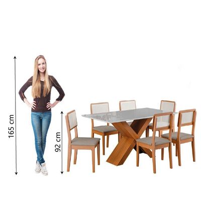 Conjunto De Mesa Sala De Jantar Tampo Com Vidro 1,60m Grécia 6 Cadeiras Santiago Dobuê Madeirado Off White