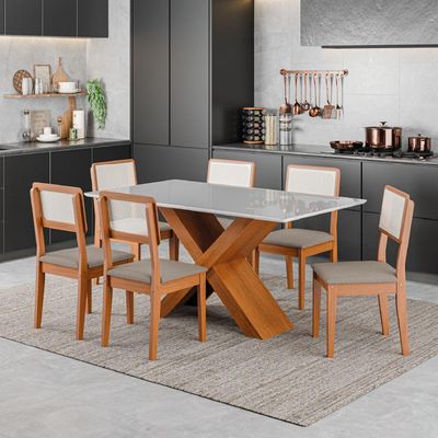 Conjunto De Mesa Sala De Jantar Tampo Com Vidro 1,60m Grécia 6 Cadeiras Santiago Dobuê Madeirado Off White