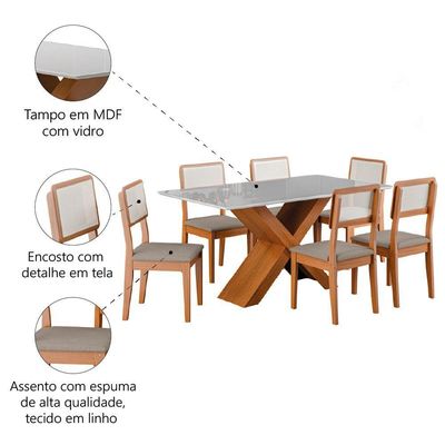Conjunto De Mesa Sala De Jantar Tampo Com Vidro 1,60m Grécia 6 Cadeiras Santiago Dobuê Madeirado Off White